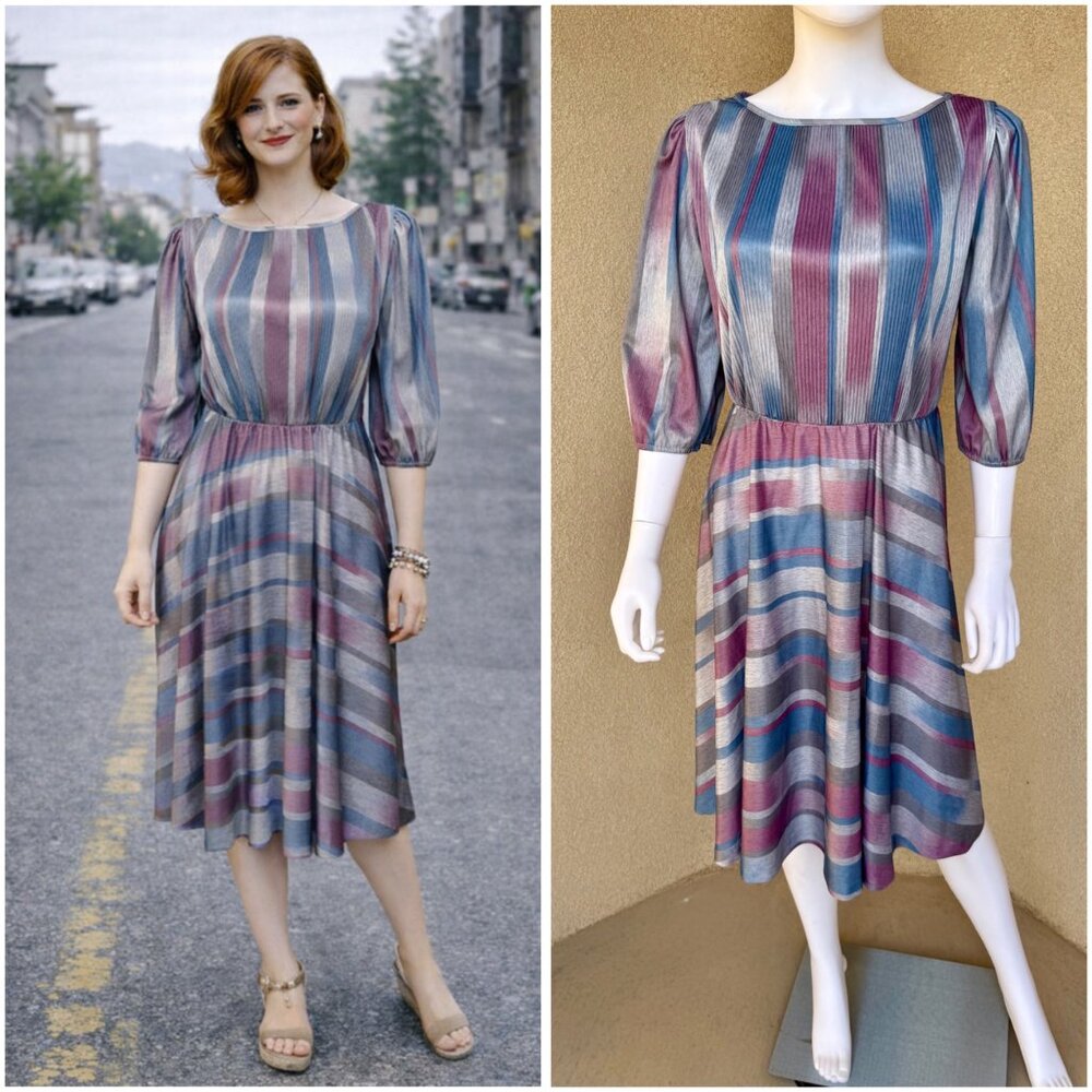 Vintage 70s Monochromatic & Muted Tones Striped Dress